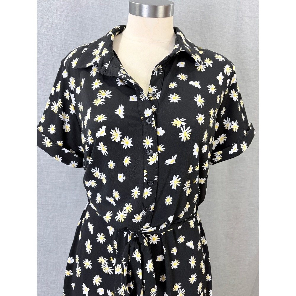 Cynthia Rowley Black Daisy Print Shirt Dress Tie Waist Button‎ Front L Dopamine